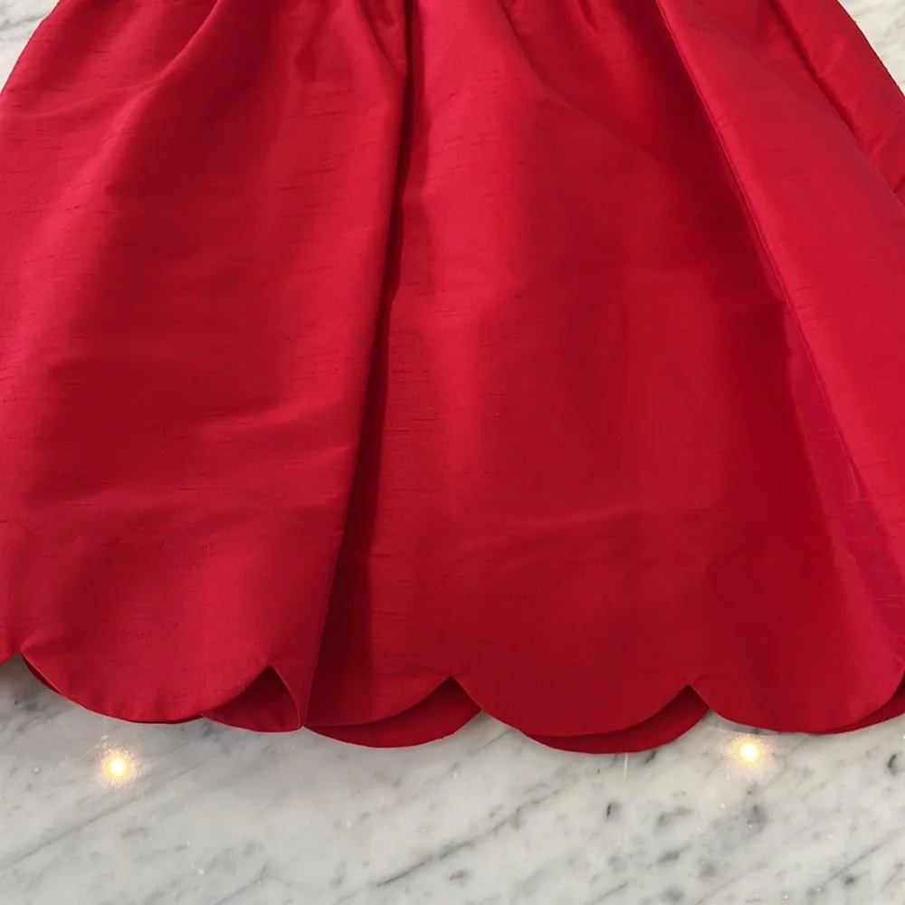 New Luli and Me Girls Red Silk Holiday Christmas Plaid Scallop Hem Party Dress - Picture 3 of 5